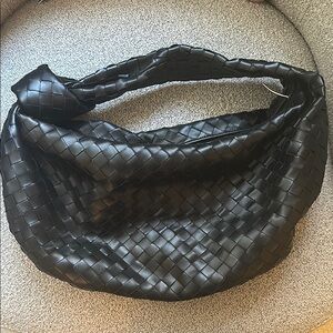 Designer Inspired Black Woven Intrecciato Genuine Leather Hobo Bag